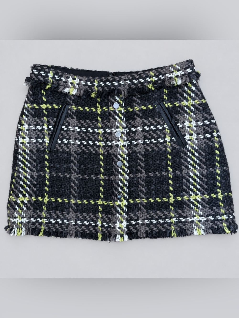 Ramy Brook Elias Tweed Plaid Mini Skirt Sz 8 Wool Blend Faux Leather Trim preppy